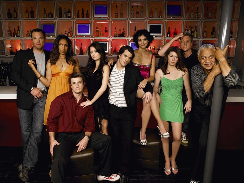 Cast of a TV show at a bar