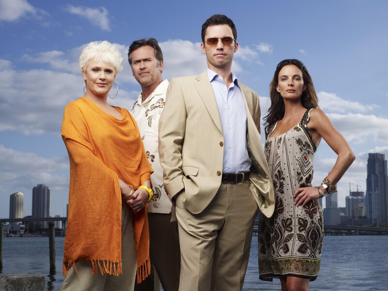 Cast of a TV show by water