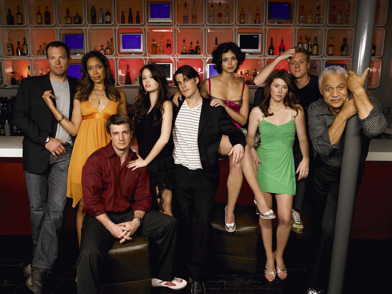 Cast of a TV show in a bar