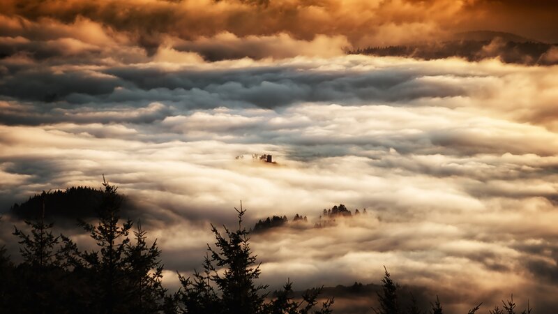 Castle Above Clouds — Orange, Dramatic, Sunrise