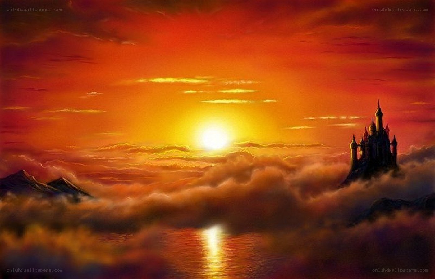Castle above the clouds at sunset