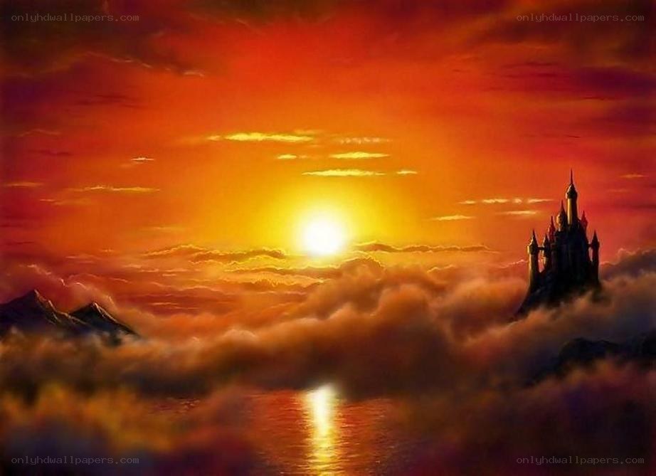 castle above the clouds at sunset