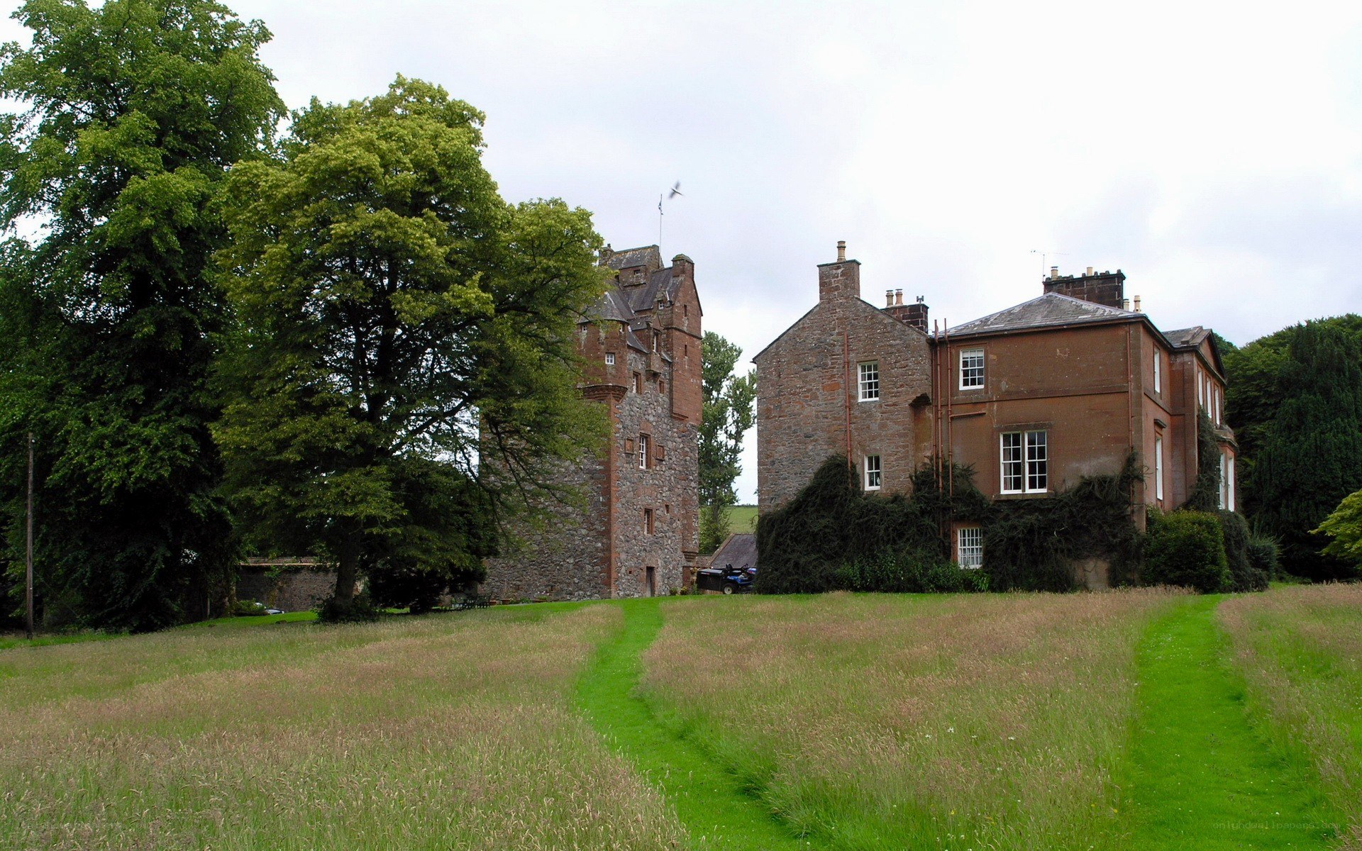 castle and manor house in a field