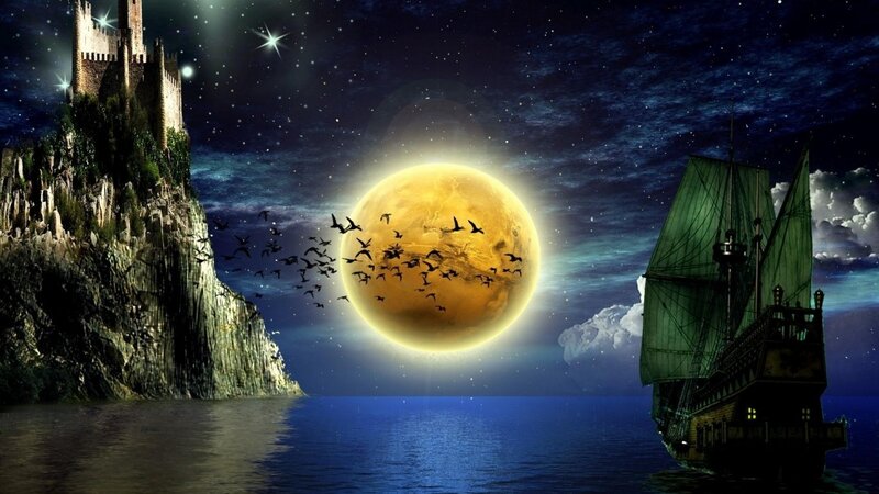 Castle and ship under full moon