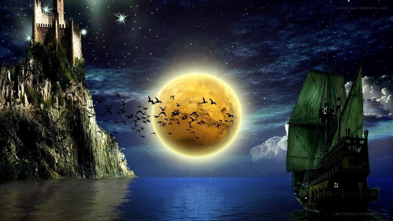 Castle and ship under full moon