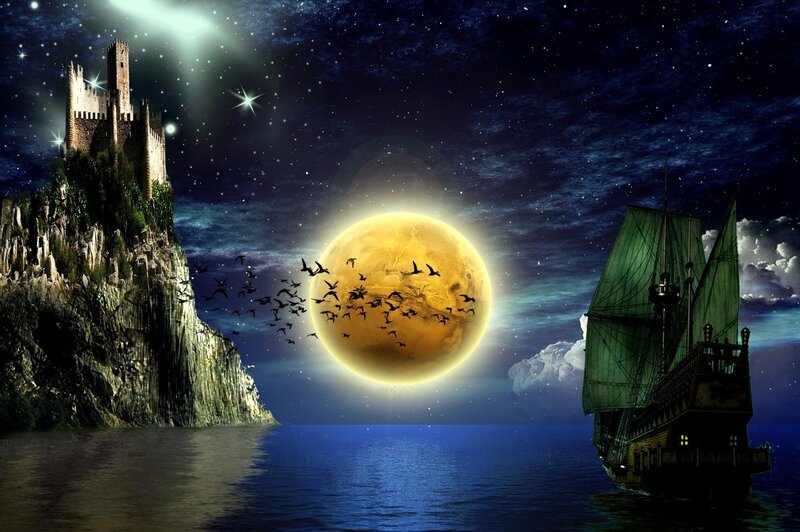 Castle and ship under full moon