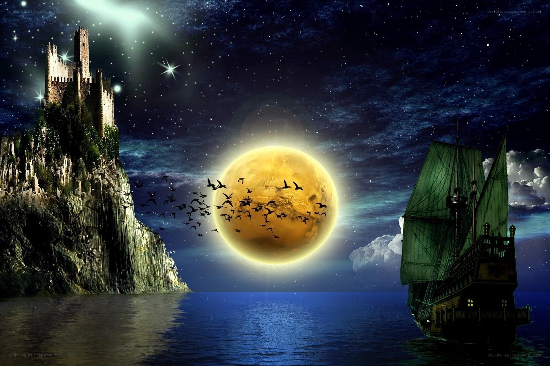 Castle and ship under full moon