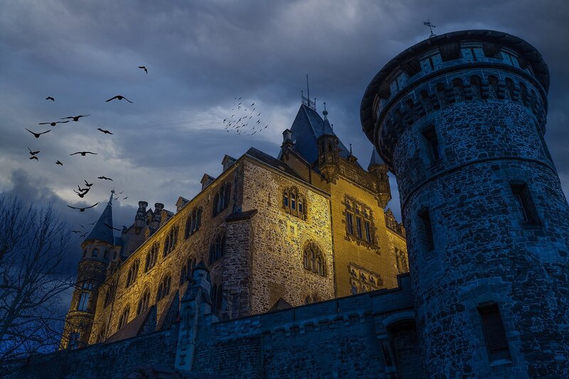 Castle at Dusk — Blue, Dramatic, Night, Photograph, Birds
