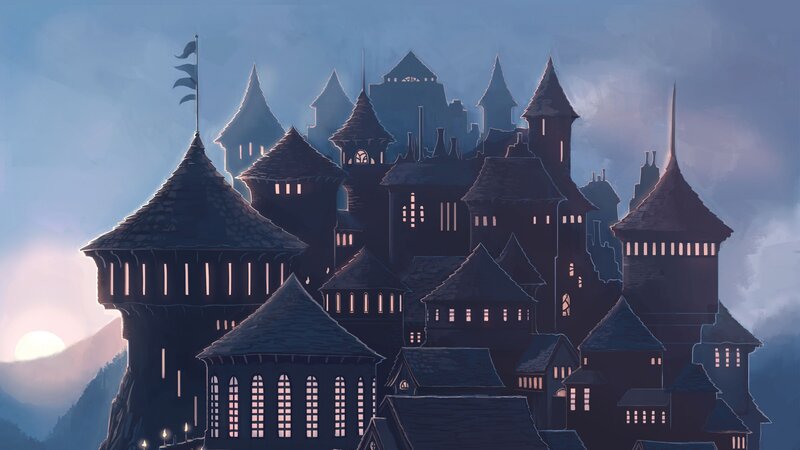 Castle at Dusk — Blue, Dramatic, Sunset, Digital Art