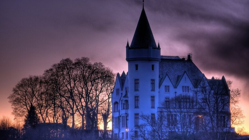 Castle at Dusk — Purple, Dramatic, Sunset, Photograph, Trees, Sky