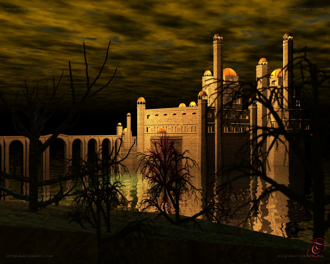 castle at dusk with bridge