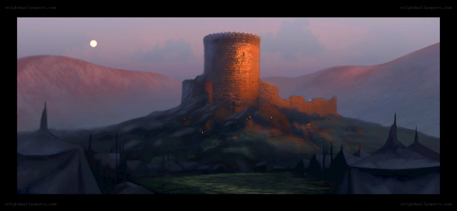 Castle at dusk with moon