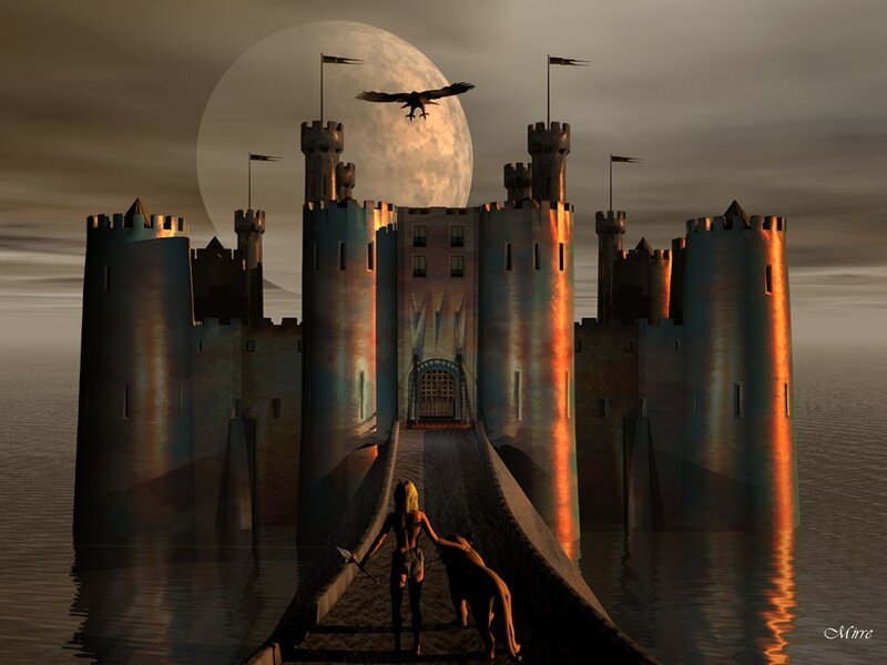 Castle at moonlight with warrior