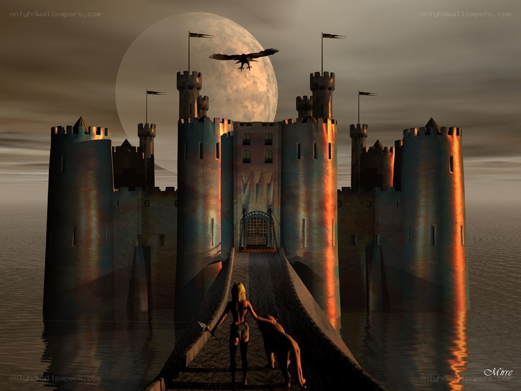 Castle at moonlight with warrior