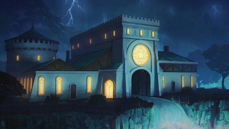 Castle at Night — Blue, Dramatic, Digital Art, Lightning