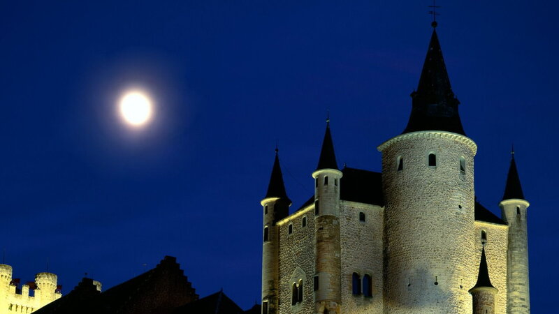 Castle at Night — Blue, Dramatic, Photograph, Moon, Towers