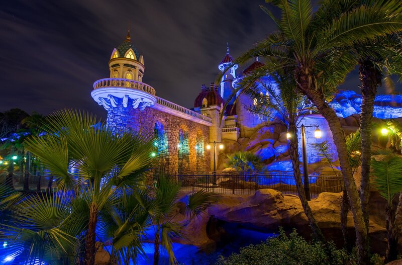 Castle at Night — Blue, Dramatic, Photograph, Palm Trees