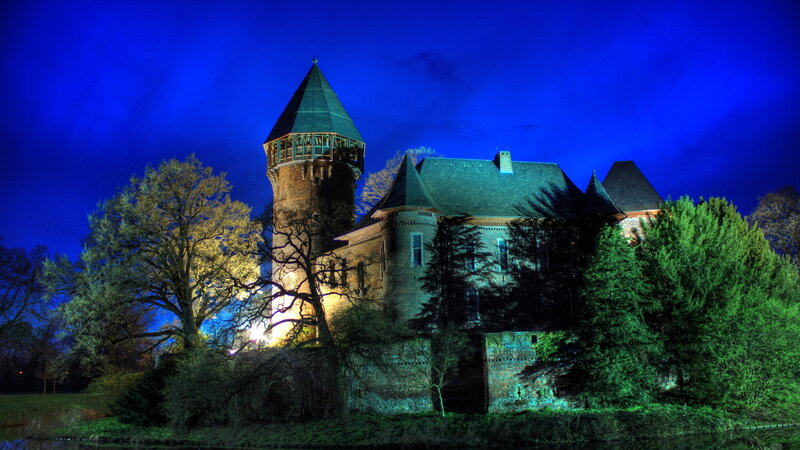 Castle at Night — Blue, Dramatic, Photograph, Tower