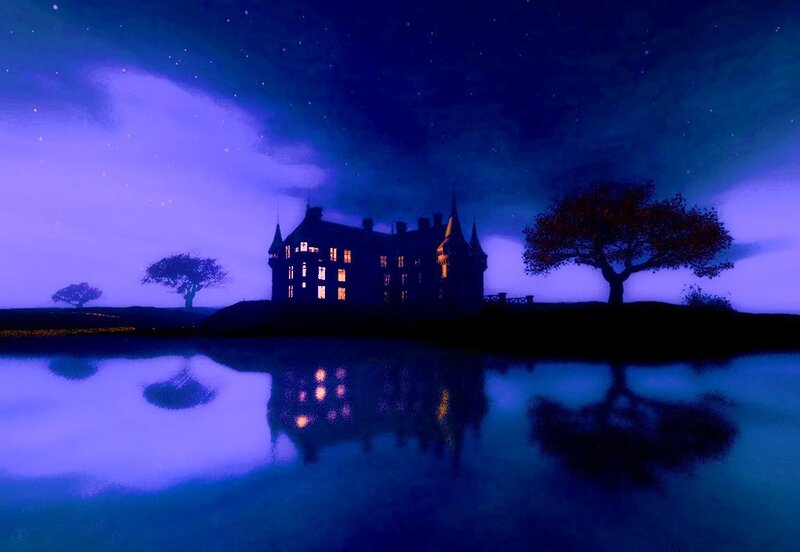 castle at night by the lake