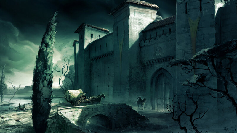 Castle at Night — Green, Dark, Digital Art, Horse-drawn Cart