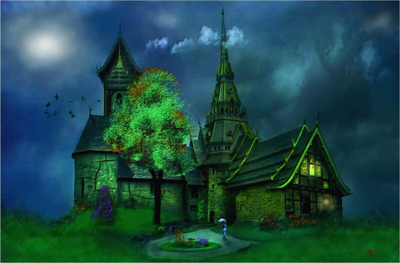 Castle at Night — Green, Mysterious, Digital Art