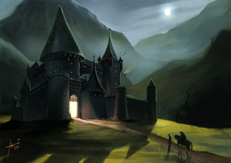 Castle at night under moonlight