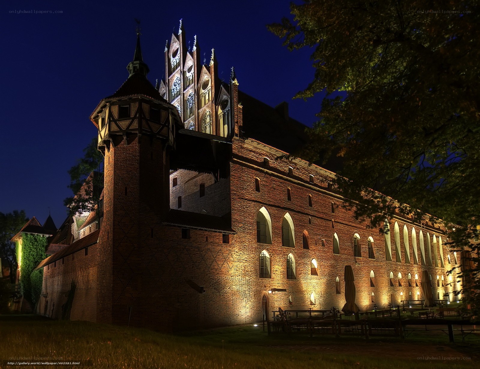 castle at night with illuminated tower