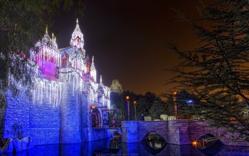 castle at night with lights