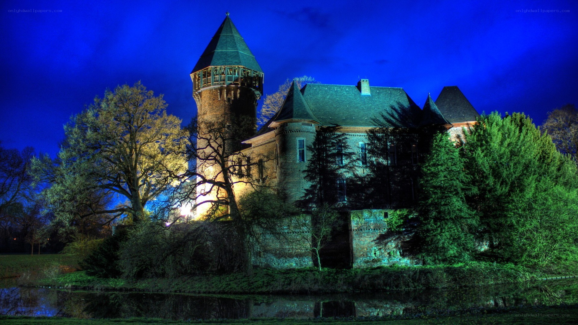 castle at night with moat