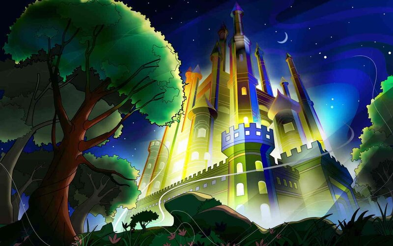castle at night with moon