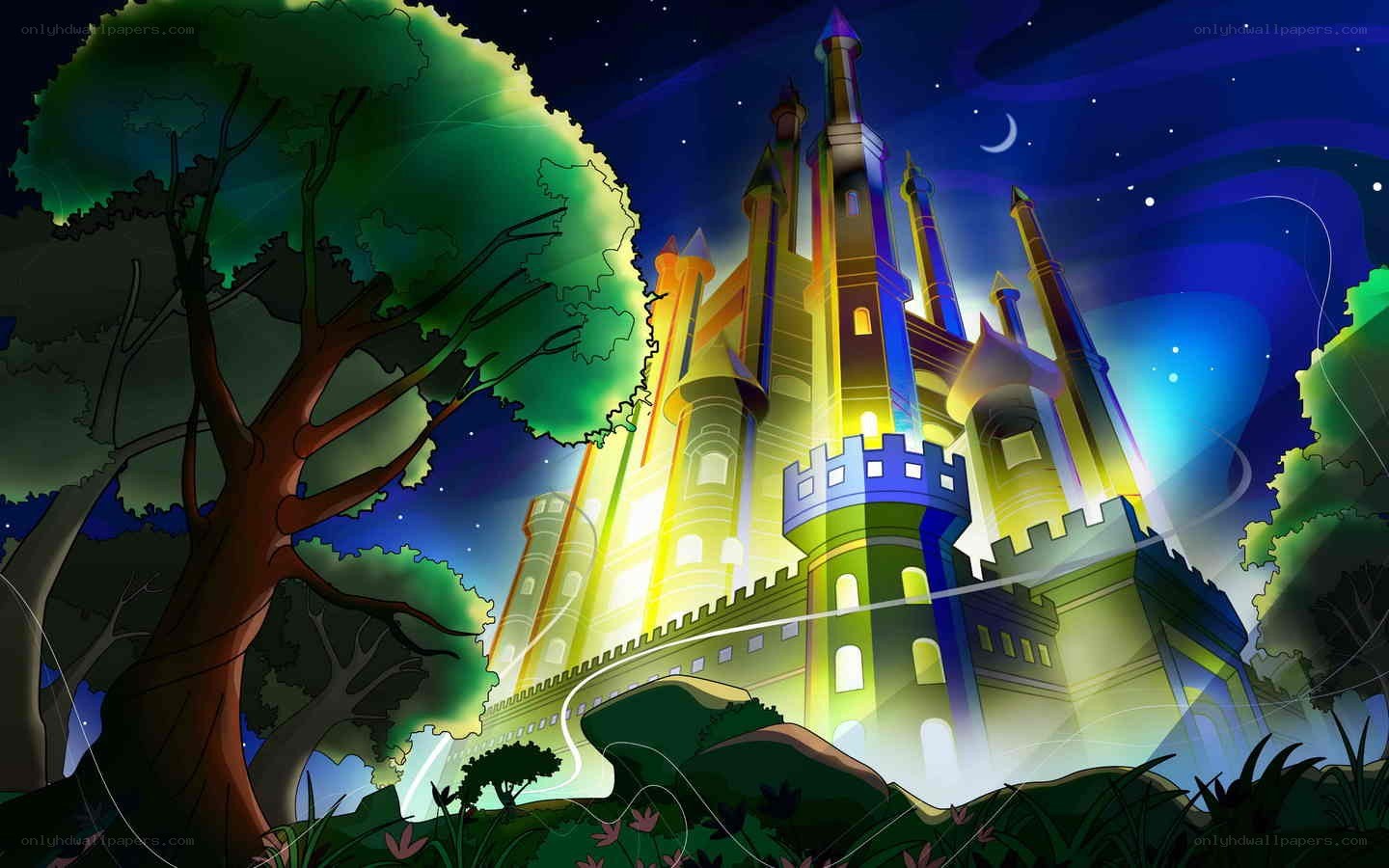 castle at night with moon
