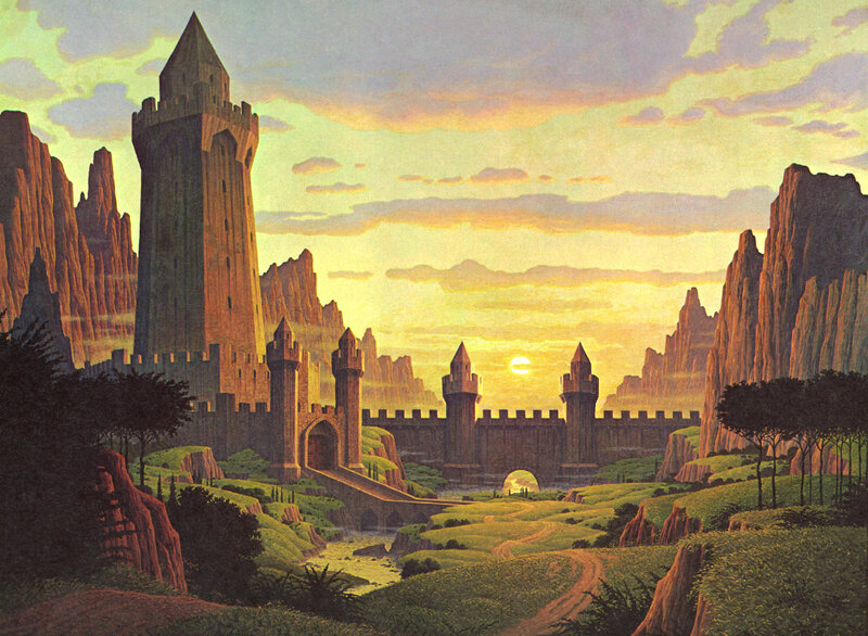castle at sunset in a rocky valley