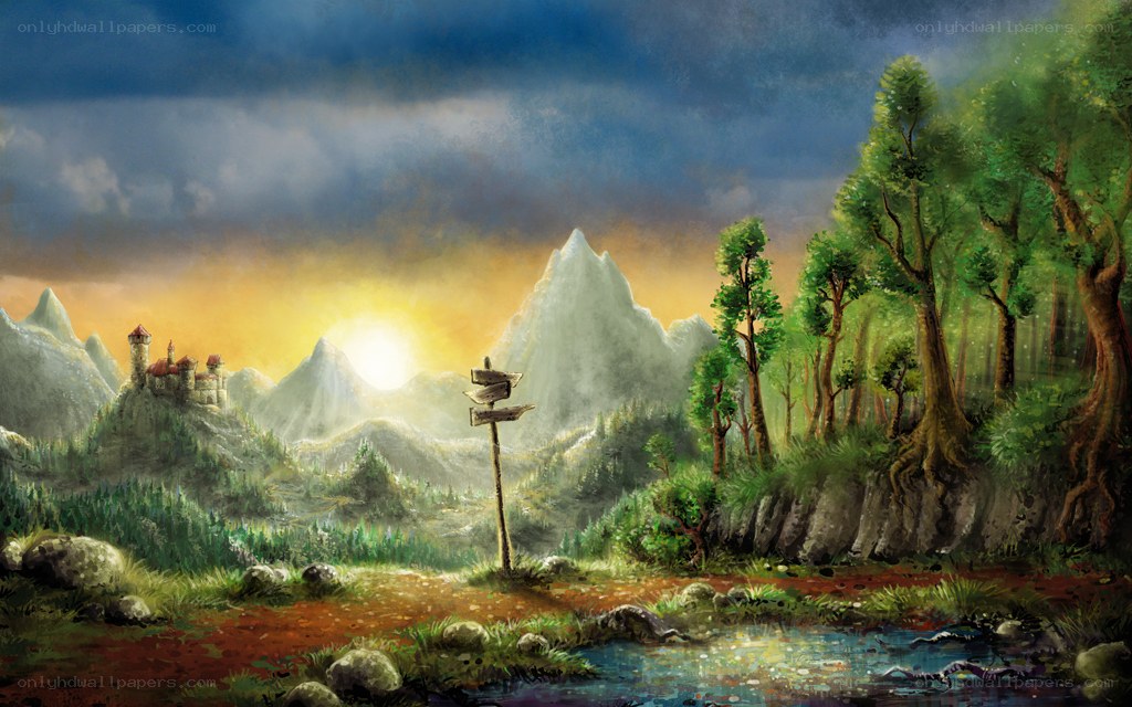 castle at sunset in mountains