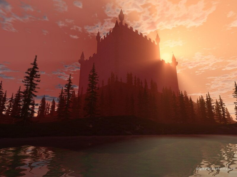 Castle at Sunset — Orange, Dramatic, Digital Art, Forest