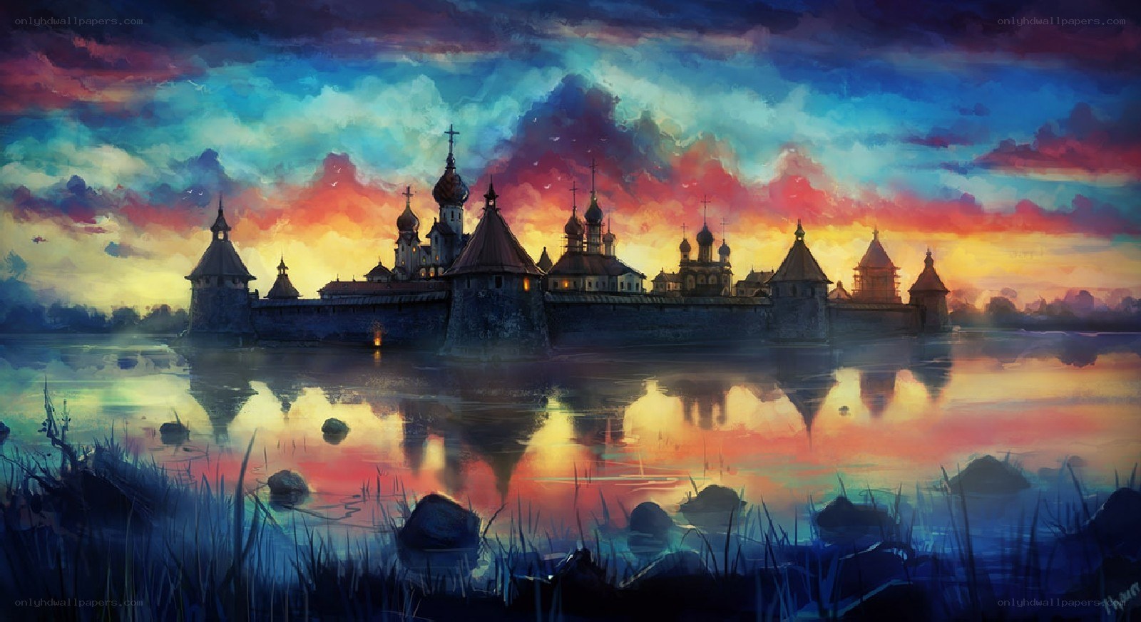 castle at sunset over water