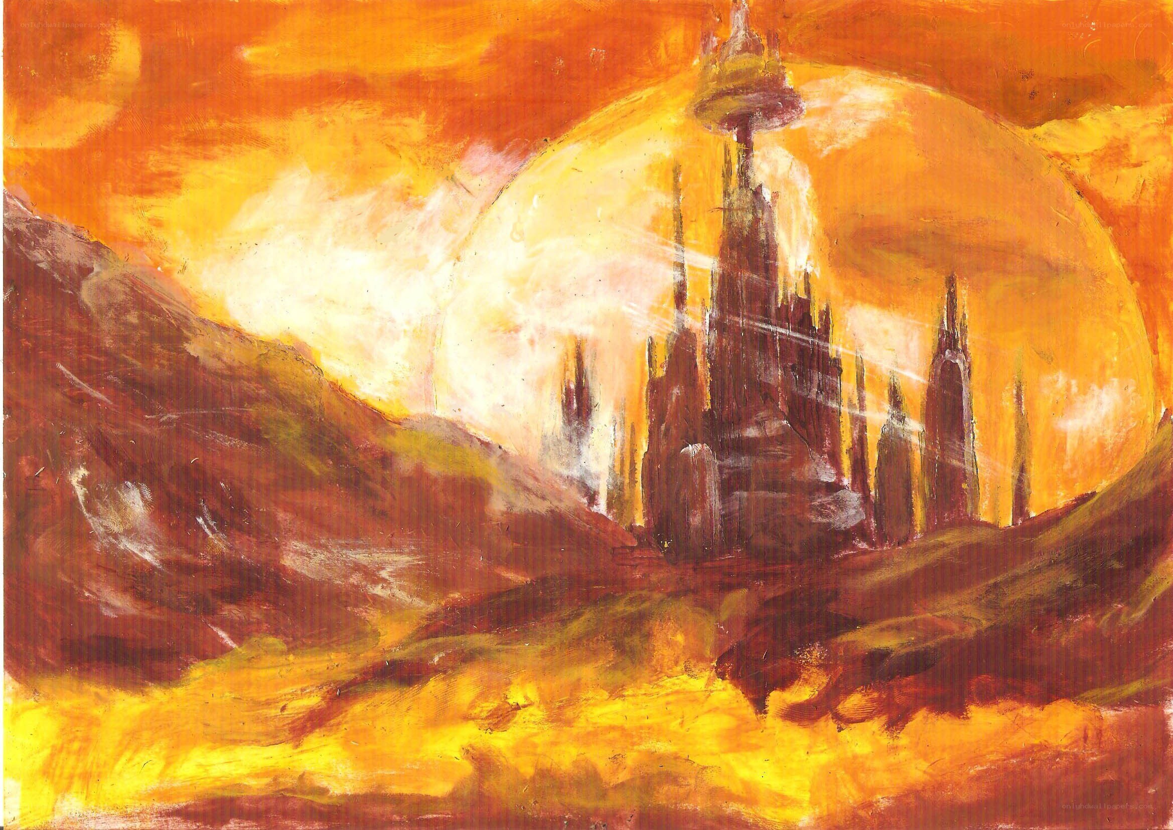 castle at sunset painting