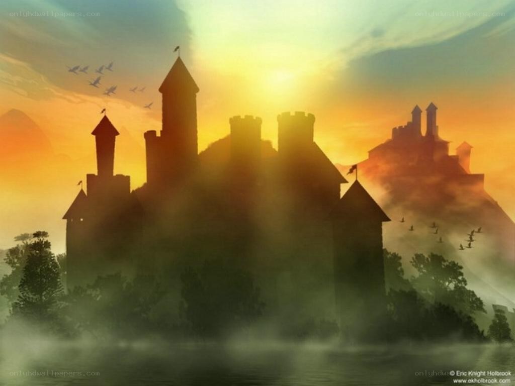 castle at sunset with birds