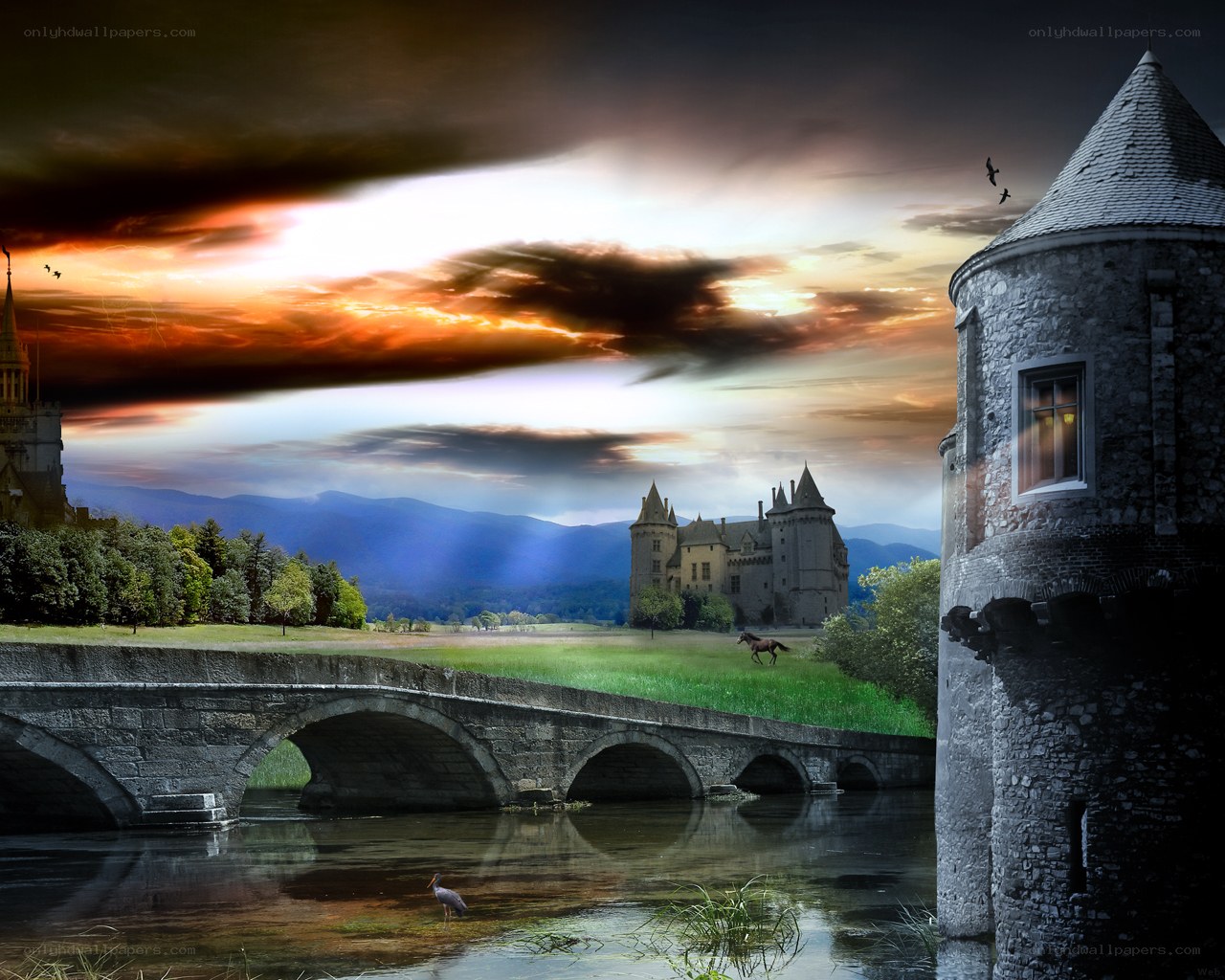 Castle at sunset with bridge
