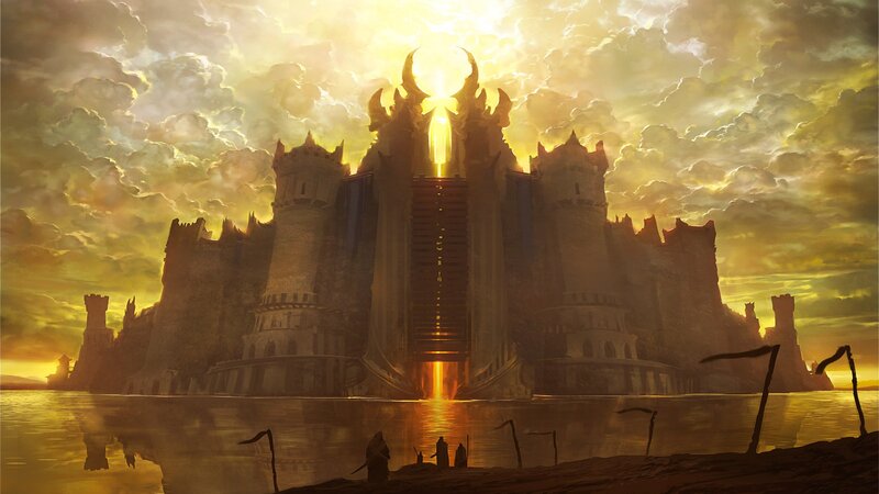 castle at sunset with glowing entrance