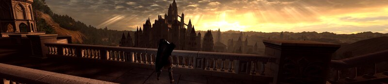 castle at sunset with knight