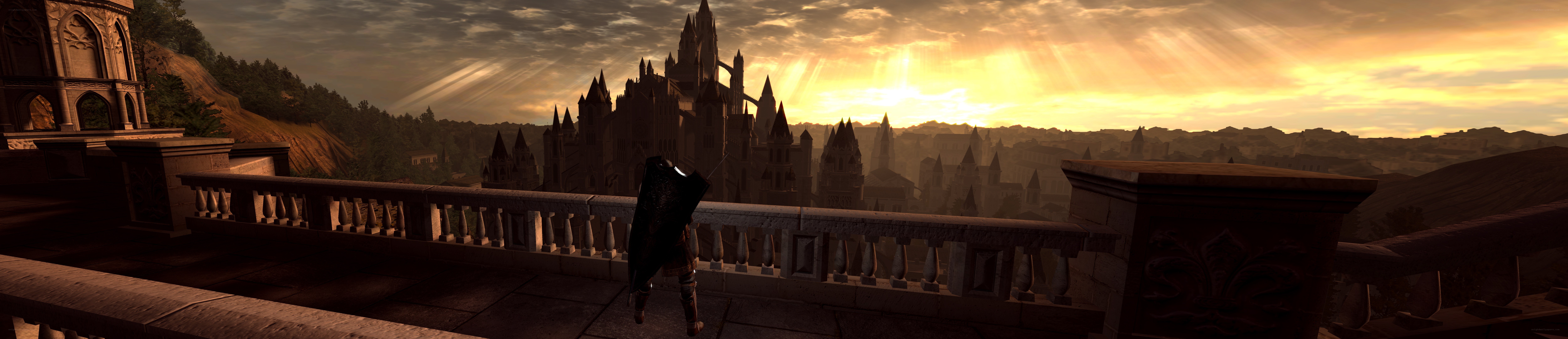 castle at sunset with knight