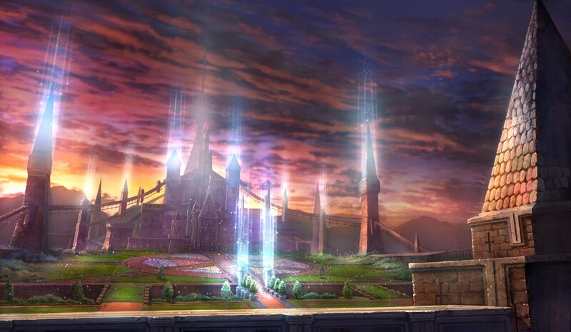 castle at sunset with magic beams