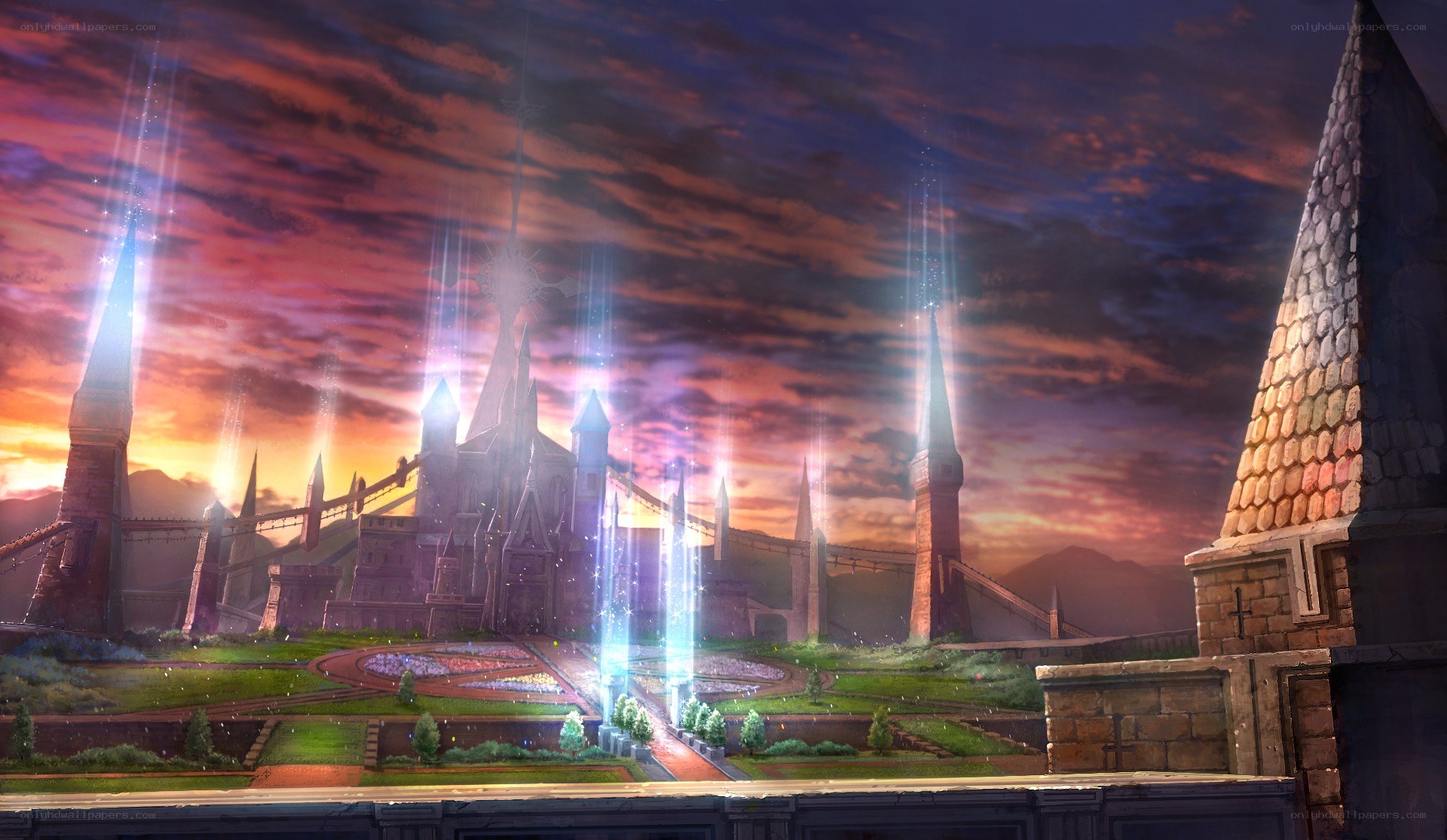 castle at sunset with magic beams