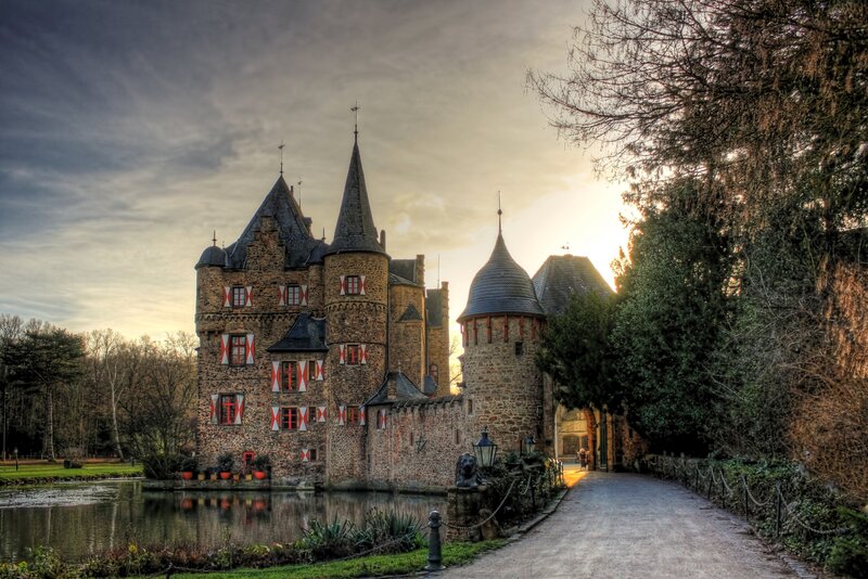 castle at sunset with moat
