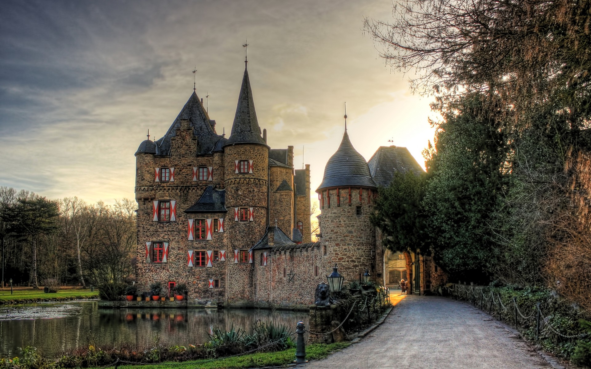 castle at sunset with moat