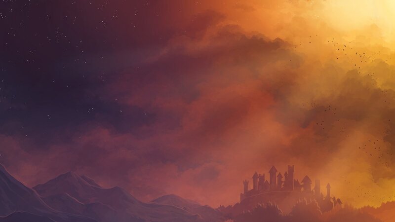 Castle at sunset with mountains