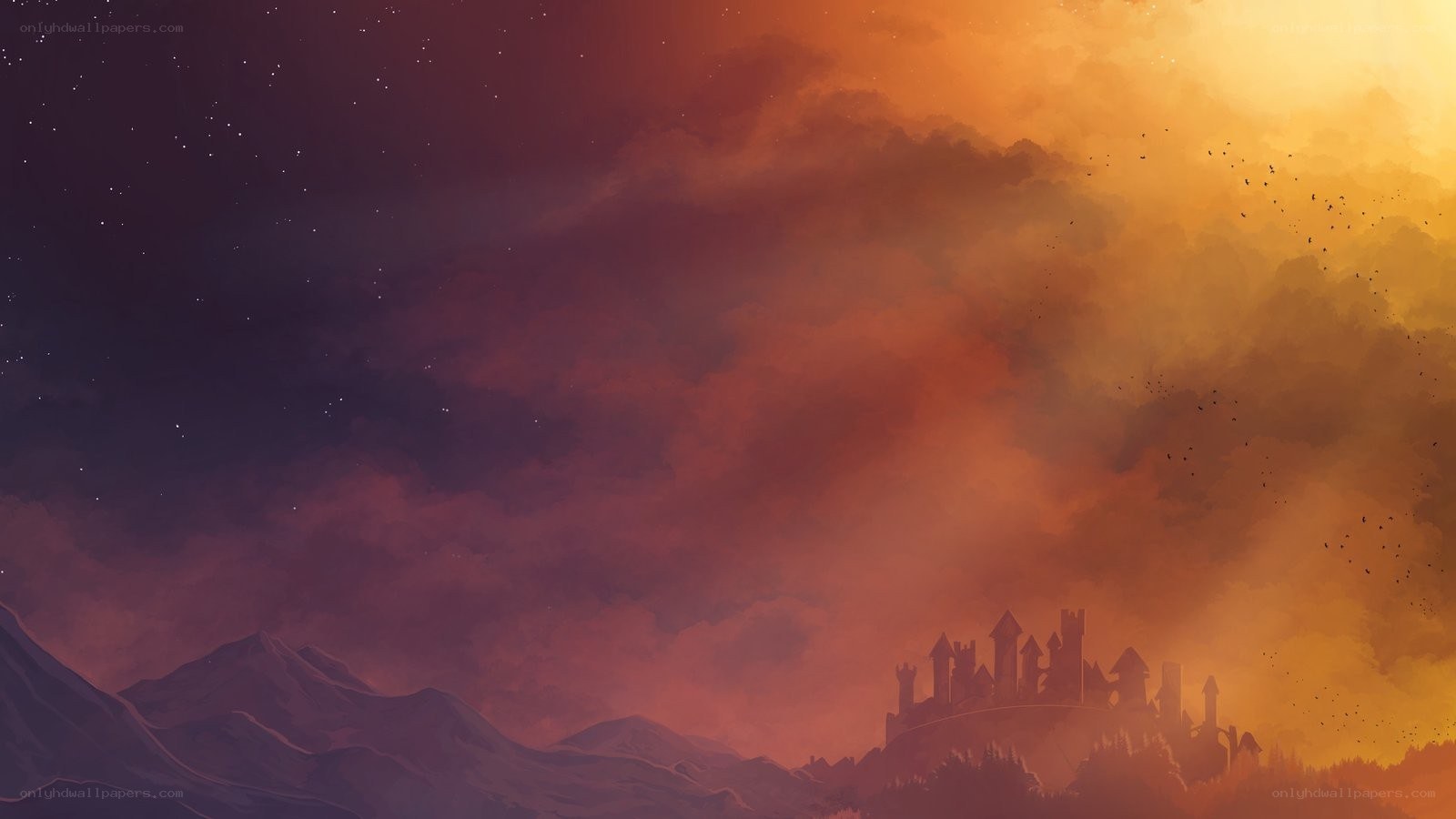 Castle at sunset with mountains