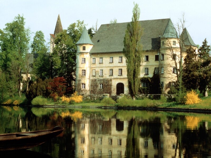 Castle by a Lake — Green, Serene, Afternoon, Photograph, Trees, Boat