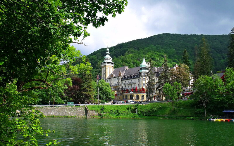 Castle by a Lake — Green, Serene, Afternoon, Photograph, Trees, Mountain