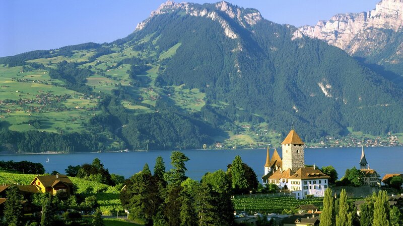 Castle by a lake in Switzerland